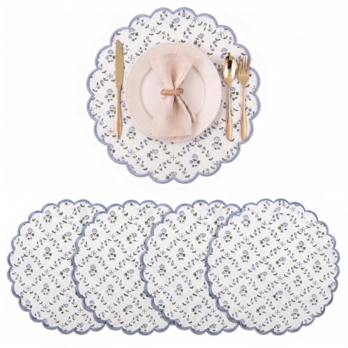 "Ridhi Powder Blue Bo-ho Round Place Mat Double Layer Floral Cotton Washable Placemats 15"" Round Embroidery Block Print Table Mat Pack of 4-15 Inch Round"