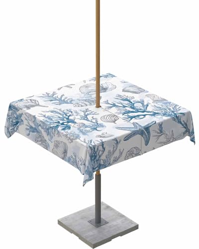 "QueenKer Ocean Coral Blue Outdoor Tablecloth with Umbrella Hole and Zipper 54"" Square Table Cover Summer Seashells Starfish Waterproof Tabletop Collection for Patio Garden Picnic Camping"