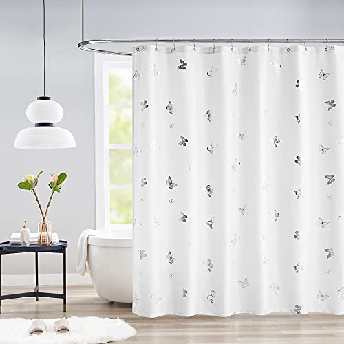Jubilantex Butterfly Shower Curtain for Bathroom, White Silver Print Farmhouse Waterproof Bathroom Decorative Rustic Kids Shower Curtain with 12 Rust Proof Grommets for Spa Hotel, 70x76 Inches