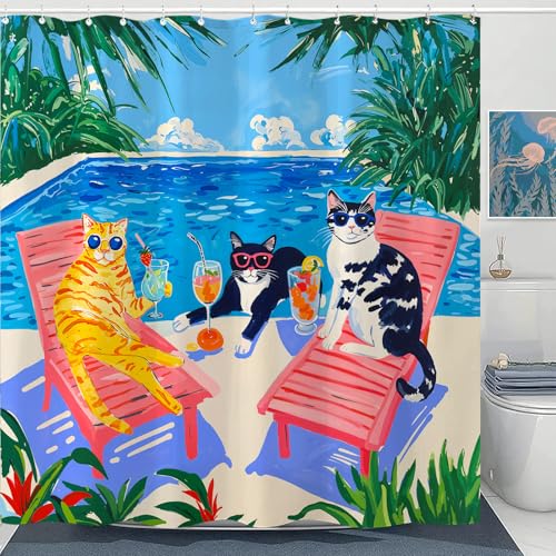 Kanuyee Summer Cats Shower Curtain Set Relaxing Poolside Fun Waterproof Bathroom Shower Curtain Tropical Vacation Print Lively Home Decor 72x72 Inch