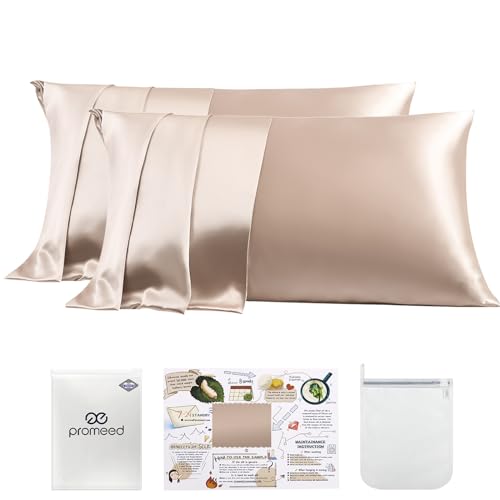 "PROMEED 23 Momme Silk Pillowcase 2 Pack with Zipper, 3rd Gen Grade 6A+ 100% Mulberry Silk Pillow Case Set of 2, Cooling Pillow Cases for Hot Sleepers (Queen 20""x30"", Champagne)"