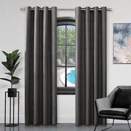 GC GAVENO CAVAILIA Faux Silk Eyelet Curtains For Living Room, 100% Polyester Ring Top Fully Lined Drapes, Charcoal, 66x54 Inch