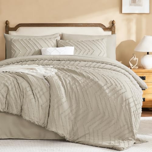 Litanika Wheat Queen Comforter Set with Sheets, 7 Pieces Boho Bed in a Bag - Fluffy Lightweight Neutral Soft Warm Chevron Tufted Textured Bed Set