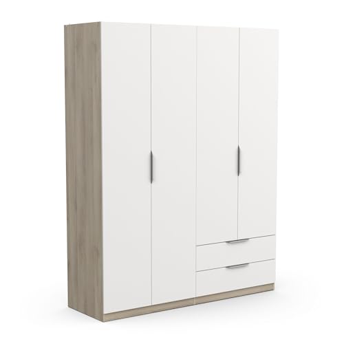 Demeyere 391384 Armadio Guardaroba Moderno con 4 Ante e 5 Ripiani 2 cassetti – Colore Rovere Kronberg & Bianco Opaco – 157,3 x 51,1 x 203 cm, Legno ingegnerizzato, Grigio