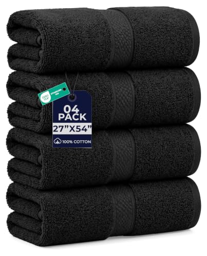 Dan River Large Bath Towels Set of 4, 27 x 54 Inches, 600 GSM Larger & Lighter Weight Towels for Bathroom - Highly Absorbent & Quick Dry 100% Cotton Bath Towel Set for Home, Gym, Spa & Hotel - Black