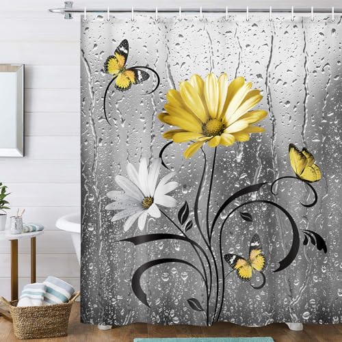 Rustic Yellow Floral Boho Shower Curtain, Country Farmhouse Daisy Spring Flowers and Butterfly Shower Curtain for Bathroom, Grey Gray Violet Surreal Floral Bathroom Curtain with 12PCS Hooks, 70X70IN