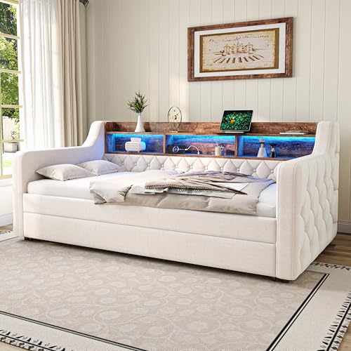 Ball & Cast Upholstered Bed Daybed with Trundle bed, 90x190 cm Sofa Bed with LED Ambiance & USB-C Port, Modern Daybed with Storage Compartment & 12 Slatted Frames for Living Room, Beige