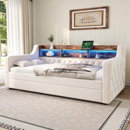 Ball & Cast Upholstered Bed Daybed with Trundle bed, 90x190 cm Sofa Bed with LED Ambiance & USB-C Port, Modern Daybed with Storage Compartment & 12 Slatted Frames for Living Room, Beige