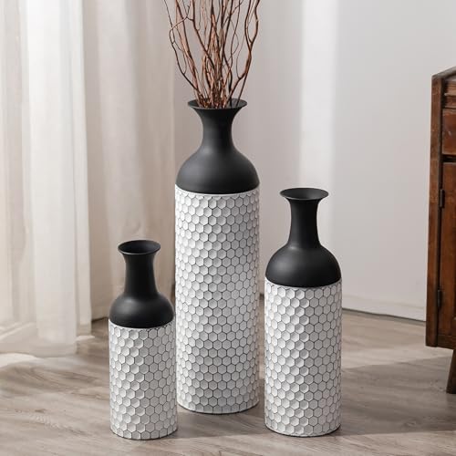 Sziqiqi Tall Vases: 68/51/41cm Black White Large Floor Vase Set of 3 - Metal Honeycomb Texture Big Modern Huge Vasen for Living Room Bedroom Office