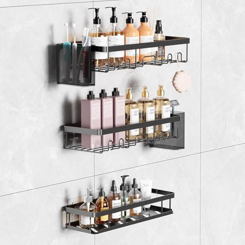 YEAUPE PRO Shower Caddy, 5 Pack, Black - No Drilling Adhesive, 2 Shower Shelves, Basket & Toothbrush Holders, Rustproof Aluminium