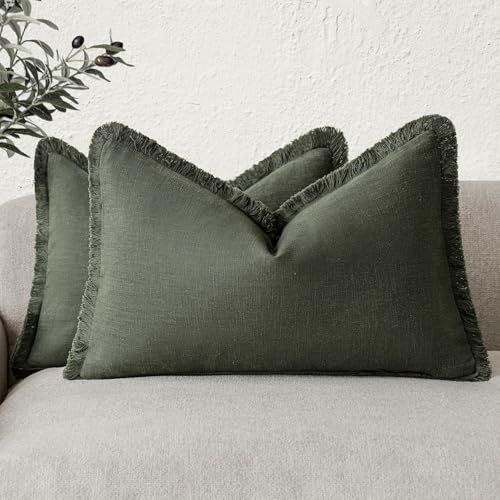 Foindtower Set of 2 Decorative Linen Fringe Lumbar Throw Pillow Covers Boho Farmhouse Cushion Cover with Tassels Accent Pillowcase for Couch Sofa Bed Living Room Home Decor,12×20 Inch,Dark Olive Green