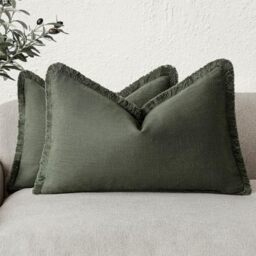 Foindtower Set of 2 Decorative Linen Fringe Lumbar Throw Pillow Covers Boho Farmhouse Cushion Cover with Tassels Accent Pillowcase for Couch Sofa Bed Living Room Home Decor,12×20 Inch,Dark Olive Green