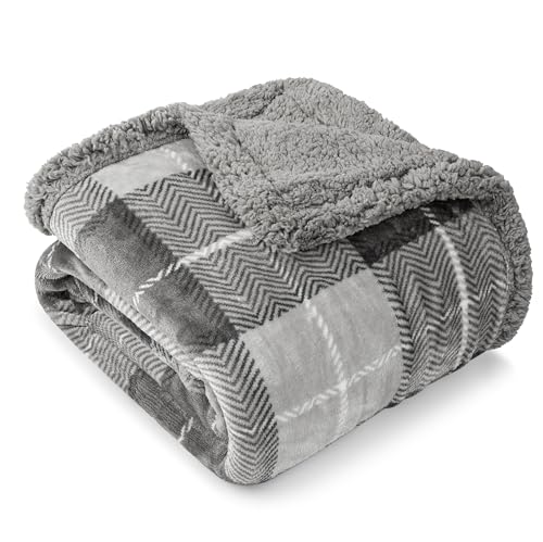 PAVILIA Light Grey Plaid Sherpa Throw Blanket for Couch, Plush Flannel Fleece, Soft Fuzzy Cabin for Sofa Bed, Warm Cozy Winter Gift, 50x60