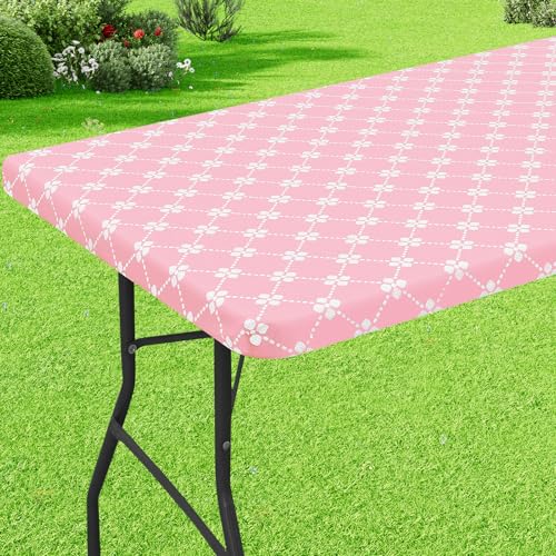 "misaya Rectangle Vinyl Table Cloth, Elastic Fitted Tablecloth with Flannel Backing, Waterproof Plastic Table Cover Fits 8 Foot Folding Tables for Camping, Indoor and Outdoor (Pink, 30"" x 96"")"