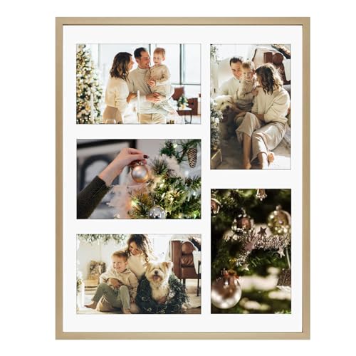 Golden State Art, 4x6 Aluminum Collage Frame, Displays 6x4 Pictures With 5 Openings Mat or One 11x14 Photo, Real Glass, Portrait/Landscape Wall Display, Gold, 1 Pack