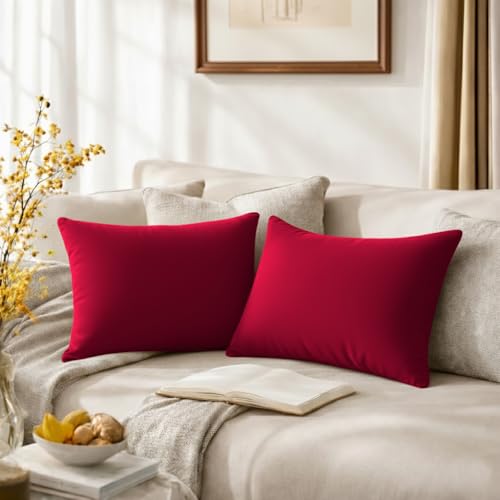 QUORGVES Red Velvet Throw Pillow Covers 12x20 Inch Set of 2 - Covers Only,Ultra-Soft,Hidden Zipper,Easy Care,Decorative Accent Cushion Covers For Couch Sofa Bed Decor