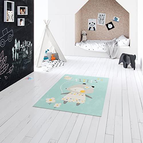 BALTA Children's Rug, Bear, Rectangular Short Pile Rug, Ideal for the Children's Room, Playroom, Easy Care, Dirt-Repellent, Polypropylene, 120 x 170 cm, Blue, Multicoloured