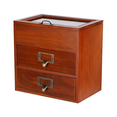 PACKGILO Wooden Storage Box Desk Organizer with 2 Drawers and 6 Grids Apothecary Drawers Small Craft Storage Containers Jewelry Holder for Women (Glass Brown02)