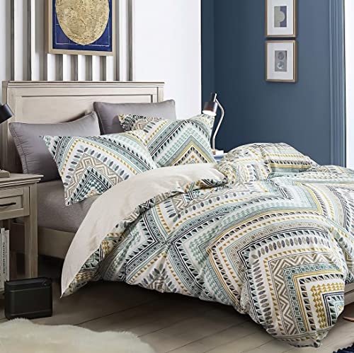SLEEPBELLA Comforter Twin Size, 600 Thread Count Cotton Yellow & Dark Blue Bohemian Pattern Printed on White Reversible Comforter Sets,Down Alternative Bedding Set 2Pcs (Twin, Teal Geometric)