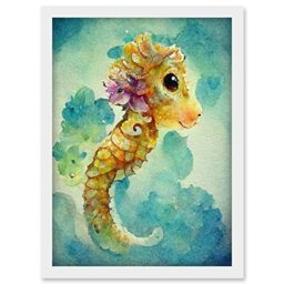 Doppelganger33 LTD Cute Baby Seahorse Kids Bedroom Watercolour Illustration Artwork Framed Wall Art Print A4