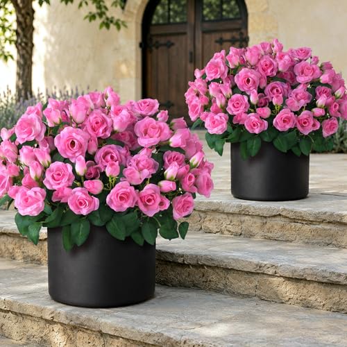 "Juxdp 2Pcs 18"" Artificial Rose Topiary Tree, Silk Flower Potted Plant(Pink) - No Assembly Needed, UV Resistant, Lifelike Potted Plant, Fake Bushes, for Outdoor/Farmhouse/Garden/Spring/Summer Decor"