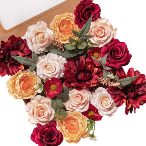 FANKO Artificial Flowers for DIY Bouquet, Faux Rose Combo Burgundy Red Peach Orange, Fake Flower Rose Dahlia Ranunculus for Vase, Floral Arrangement, Centerpieces, Wedding, Home Decor, Party