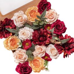 FANKO Artificial Flowers for DIY Bouquet, Faux Rose Combo Burgundy Red Peach Orange, Fake Flower Rose Dahlia Ranunculus for Vase, Floral Arrangement, Centerpieces, Wedding, Home Decor, Party