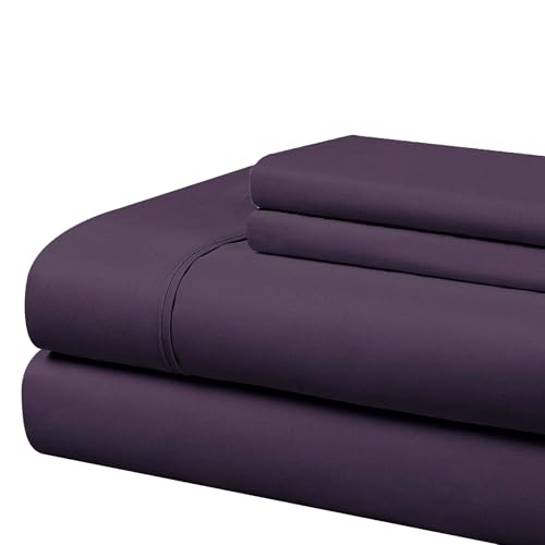Cathay Home Essentials Ultra Soft Hypoallergenic Wrinkle Resistant Double Brushed Microfiber Bedding Sheet Set, Eggplant, Twin