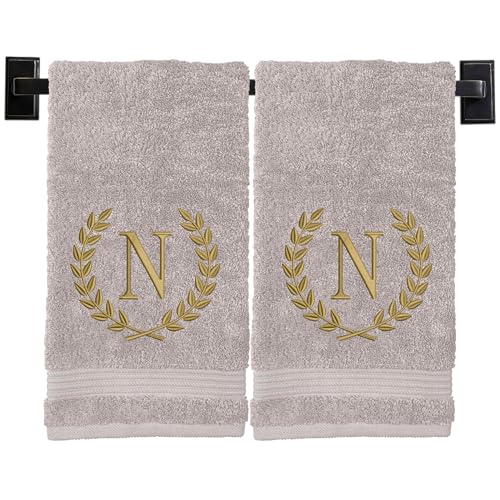 Custom Luxury Towels Monogrammed Hand Towels for Bathroom - Set of 2 - Genuine Turkish Towels - Choose Towel and Thread Color - A - Z - Monogrammed Towels with Embroidered Wheat Laurel Design