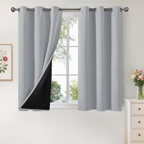 YoungsTex Light Grey 100% Blackout Curtains 40 Inch Length, Short Thermal Insulated Drapes with Grommet Darkening Thick Layer for Bedroom Windows, 2 Panels, 42 X 40 Inch