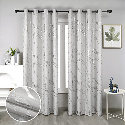 "Taisier Home Silver Foil Print Linen Textured Curtains - Geometric Marble Pattern Design for Nursery - Light Filtering Window Treatment, 2 Panels, 63"" L, Beige and Silver"