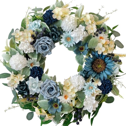 "22"" Spring Flower Wreath for Front Door Summer Wreaths with Sunflowers Roses Gardenias, Artificial Floral Green Foliage Wreath for Wall Window Farmhouse Party Holiday Home Decor???White Blue???"