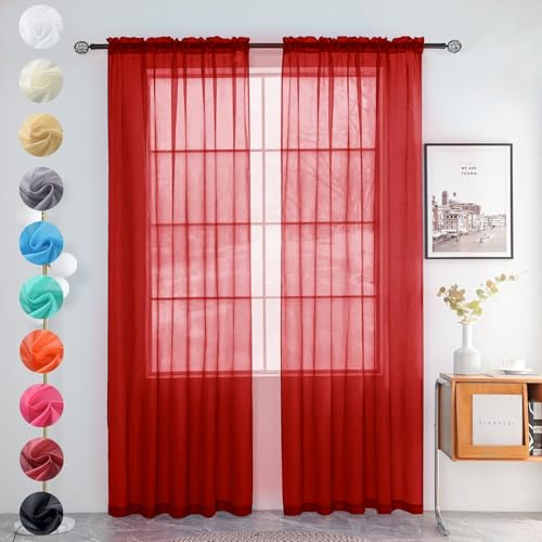 Youleyar Solid Sheer Rod Pocket Curtain Voile Draperies 2 Panels White Beige Black Grey Ivory 52 Inch Width 45 Inch Long 1 Pair for Kitchen Bedroom Children Living Room Yard (Christmas Red,52W???45L)