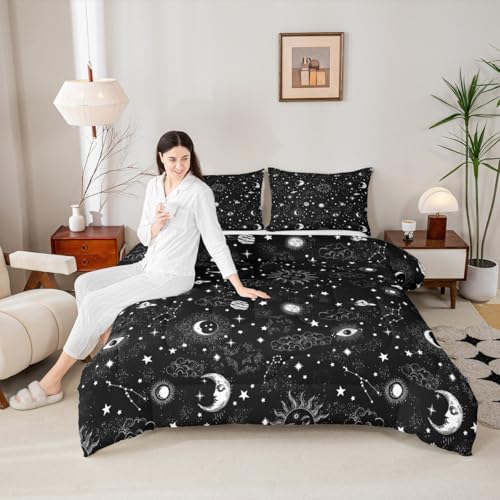 Castle Fairy Sun and Moon Comforter Set,Black and White Starry Galaxy Bedding Set,Boho Hippie Constellation Comforter Room Decor Microfiber Quilt Set Twin Size