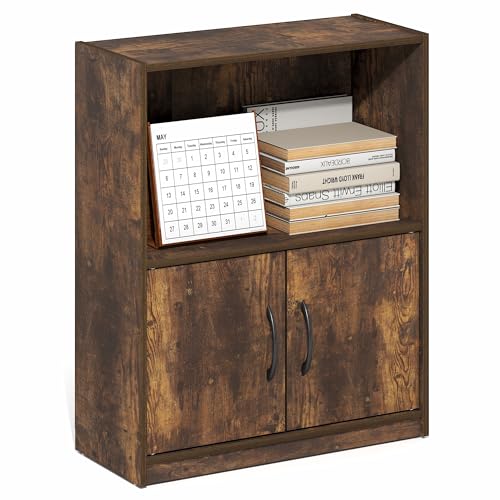 Furinno GRUEN Book Shelf, 2-Tier Small Bookshelf, Bookcase with Open Shelf and Doors Storage Cabinet, 23.6 x 55.4 x 68.6 cm, for Living Room, Bedroom, Home Office, Amber Pine