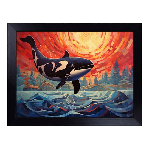 Lap Tray with Bean Bag Cushion, Orca Whale Abstract - Handmade in the UK, Raised Wooden Edge, Padded Cushion, Heat-Resistant Wipe-Clean Surface, for Meals, Laptops and Crafts
