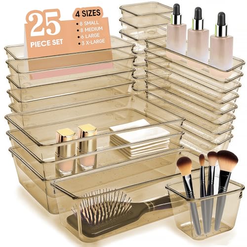 Kitchen Desk Drawer Organizers Storage for Office, Small Acrylic Vanity Trays Makeup Organizer for Drawer Bathroom Plastic Make up Organizers 25 Pcs Clear Champagne