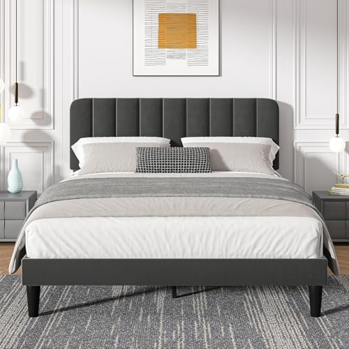 VECELO Upholstered Double Bed Frame with Velvet Headboard, 135 × 190 cm Platform Bed with Wooden Slats Support, Noise Free, No Box Spring Needed, Easy Assembly, Grey