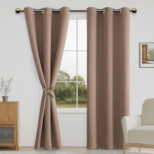 DWCN Blackout Curtains for Bedroom with Tiebacks - Room Darkening Privacy Grommet Top Window Curtains for Living Room, 42 x 84 inches Long, Cappuccino, Set of 2 Panels