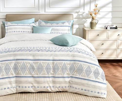 SLEEPBELLA Boho King Size Duvet Cover Set - Cotton Reversible Blue/White with Button Closure & Soft, Breathable Fabric
