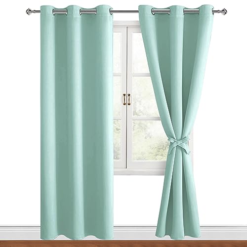 Hiasan Blackout Curtains for Bedroom, 42 x 84 Inches Long - Thermal Insulated & Energy Saving Window Curtains for Living Room, 2 Drape Panels Sewn with Tiebacks, Aqua