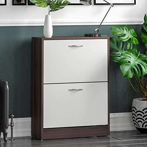 Vida Designs Shoe Cabinet, Wooden Shoe Storage Unit with 2 Pull-Down Drawers, Multifunctional Dust-Proof Space-Saving Slim Cupboard for Hallway or Entryway (Walnut & White)