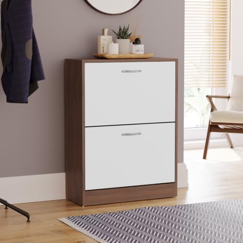 Vida Designs Shoe Cabinet, Wooden Shoe Storage Unit with 2 Pull-Down Drawers, Multifunctional Dust-Proof Space-Saving Slim Cupboard for Hallway or Entryway (Walnut & White)