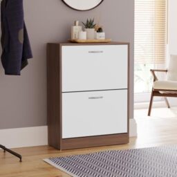 Vida Designs Shoe Cabinet, Wooden Shoe Storage Unit with 2 Pull-Down Drawers, Multifunctional Dust-Proof Space-Saving Slim Cupboard for Hallway or Entryway (Walnut & White)