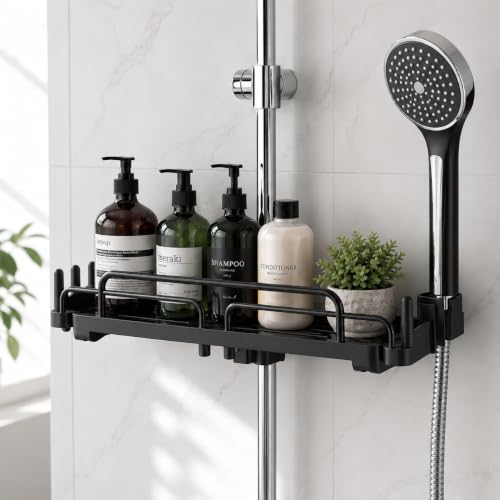 Shower Caddy Black Extendable, Shower Rail Shelf 6 Hooks & Shower Holder - Extends 28-44cm for double storage, fits 18-26mm poles, no-drill install, rustproof ABS & space aluminium