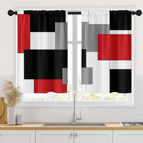 Tayney Red Kitchen Curtains 36 Inch Length Black Grey White Window Short Tier Curtains Over Sink Set of 2, Modern Abstract Geometric Art Small Kitchen Decor 26x36 Inch