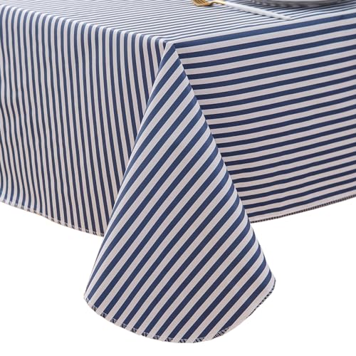 LIBERECOO Vinyl Tablecloth with Flannel Backing, 60 x 102 Scottish Blue Stripe Stain-Resistant Rectangle PVC Flannel Backed Table Cover Waterproof Wipeable for Indoor and Outdoor