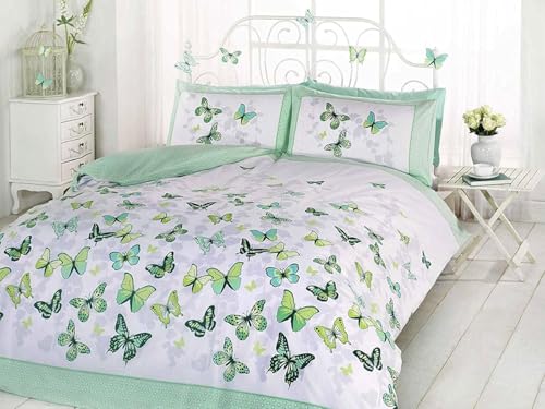 Rapport Home Furnishing Green Butterfly King Duvet Cover Set - Reversible Easy Care Polycotton Bedding with 2 Pillowcases - 230cm x 220cm