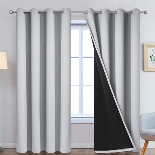 "Yakamok Light Grey 100% Blackout Curtains 90 Inches Long 52"" Wide 2 Panel - Blackout Curtain Panels for Bedroom, 2 Thick Layers Grommet Top Thermal Insulated Drapes with Black Liner for Living Room"