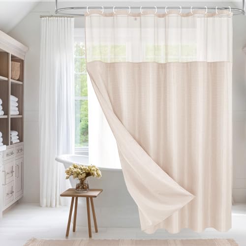 MitoVilla Pink Shower Curtain with Snap-in Liner, Modern Weave Fabric Shower Curtain for Luxury Hotel & Spa Bathroom Decor, 72 x 72, Blush Pink